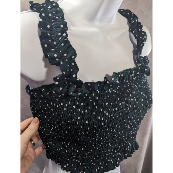 Women's Sea Green Polka Dots Printed Crepe Crop Cinched Waist Top